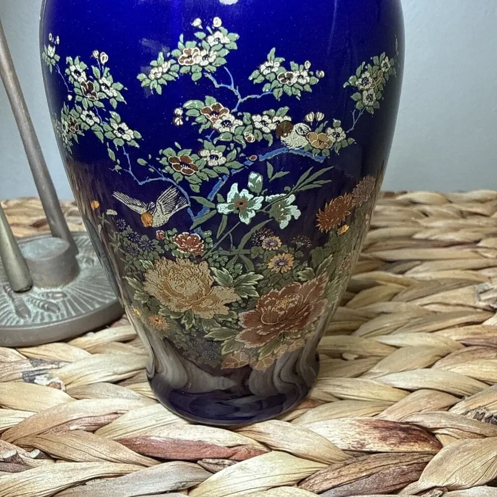 Vtg Asahi Japan Cobalt Blue Floral Bird Vase Gold Trim Chinoiserie 6